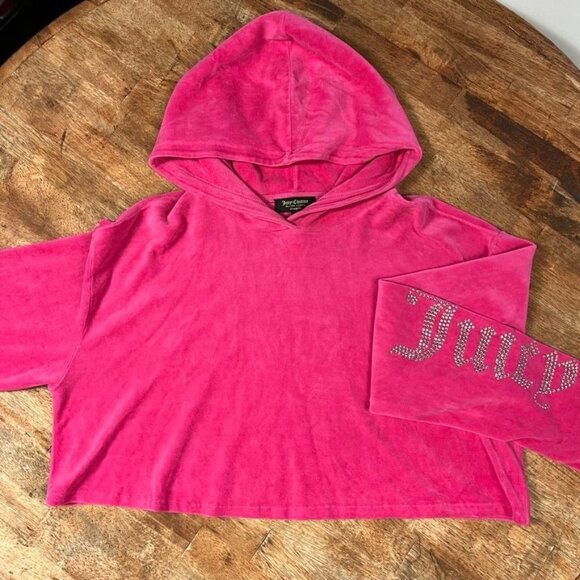 Juicy Couture Black Label Pink Velour Hoodie Womens Large Bling Cropped Pullover - Picture 1 of 9